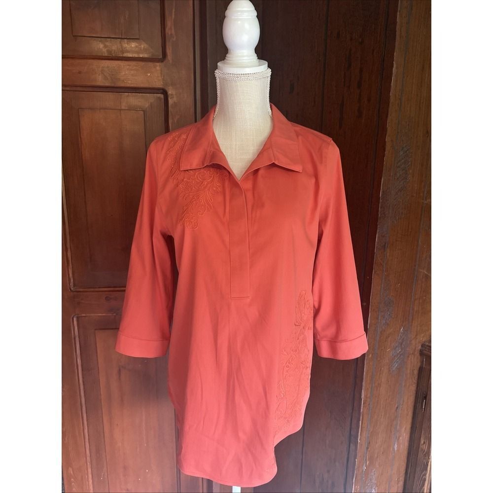 Womens Chico's Size 0‎ (4) No-Iron Stretch Button Front Orange 3/4 Sleeve Shirt